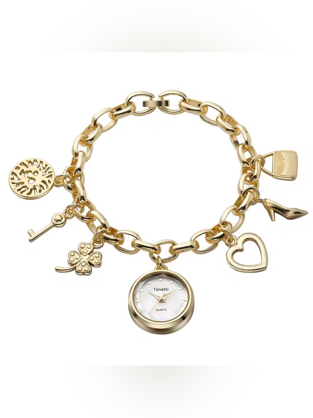 Macy's Gold Charm Bracelet Watch with Heart, Clover & Key Charms